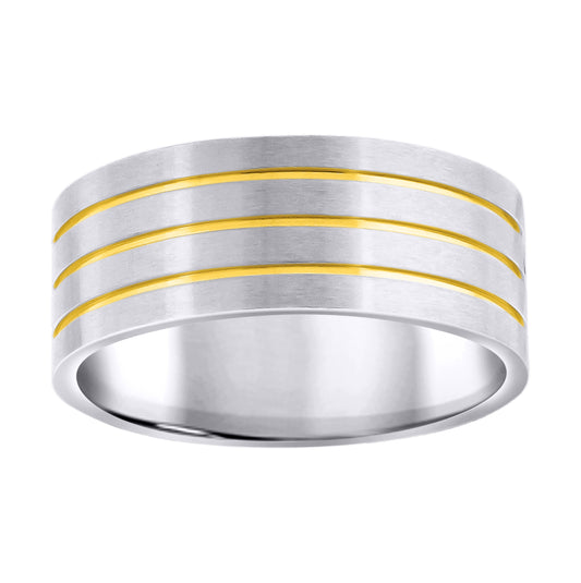 Stainless Steel Mens Two-Tone Triple Grooved Brushed Comfort-Fit Fashion Bridal Anniversary Wedding Engagement Band Ring