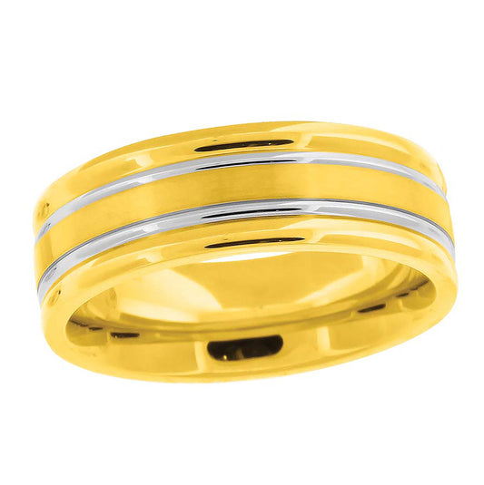 Stainless Steel Men's Two-Tone Double Grooved Center Brushed Comfort-Fit Fashion Bridal Anniversary Wedding Engagement Band Ring