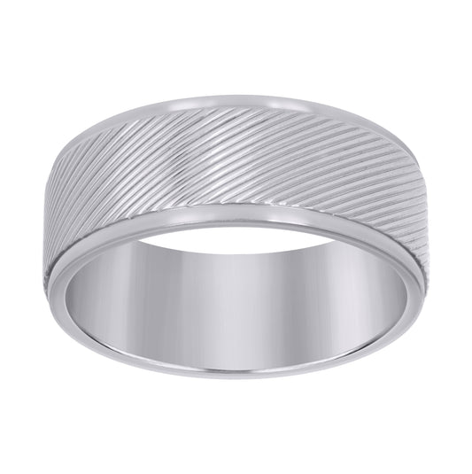 Stainless Steel Mens Laser Cut Diagonal Lines Step Edges Sizes 7 - 14 Comfort-Fit Fashion Bridal Anniversary Wedding Engagement Band Ring