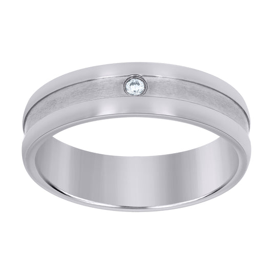 Stainless Steel Mens Cubic Zirconia Center Brushed Grooved Comfort-Fit Fashion Bridal Anniversary Wedding Engagement Band Ring