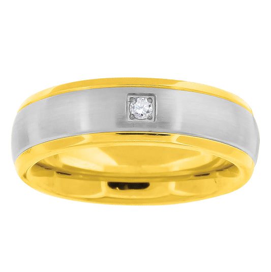 Stainless Steel Mens Cubic Zirconia Two-Tone Center Brushed Comfort-Fit Band