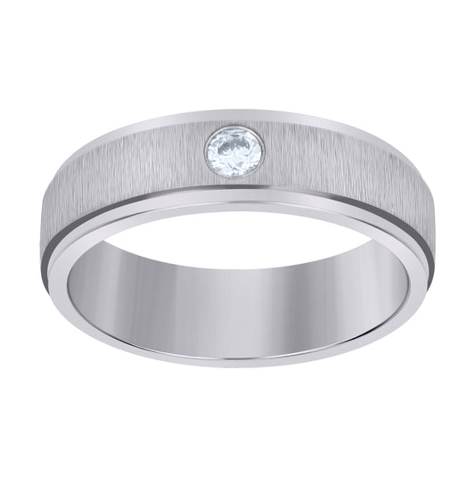Stainless Steel Mens Cubic Zirconia Center Brushed Step Edges Comfort-Fit Bridal Anniversary Wedding Engagement Band Ring
