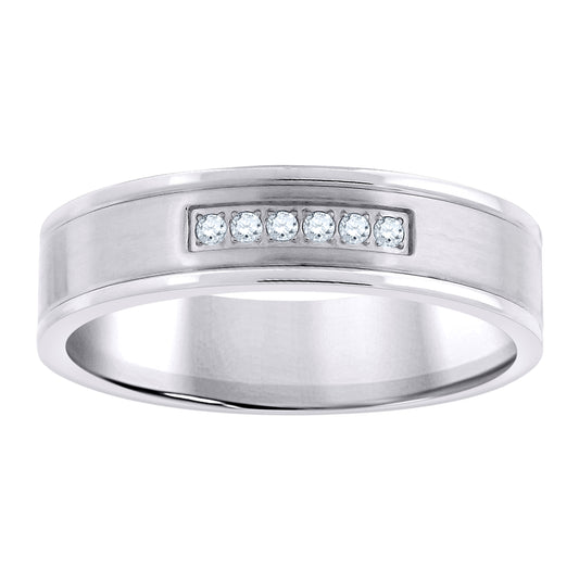 Stainless Steel Mens Cubic Zirconia Brushed Center Step Edges Comfort-Fit Fashion Bridal Anniversary Wedding Engagement Band Ring