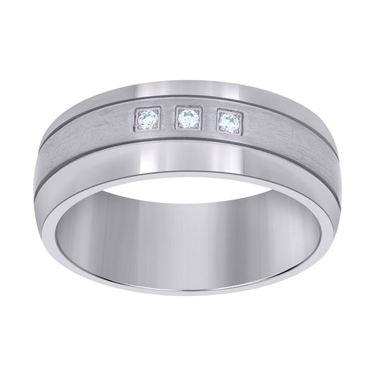 Stainless Steel Mens Cubic Zirconia Grooved Sizes 7 - 14 Comfort-Fit Fashion Bridal Anniversary Wedding Engagement Band Ring