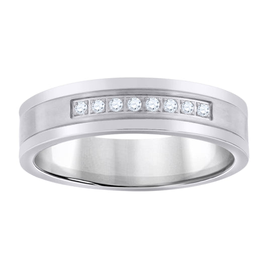 Stainless Steel Mens Cubic Zirconia Center Brushed Double Grooved Comfort-Fit Bridal Anniversary Wedding Engagement Band Ring