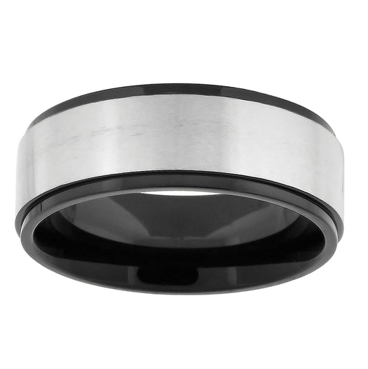 Stainless Steel Mens Two-Tone Brushed Center Carbon Fiber Step Edges Comfort-Fit Bridal Anniversary Wedding Engagement Band Ring