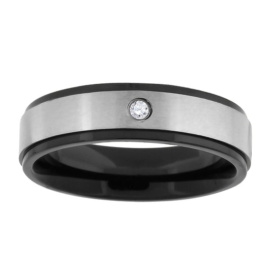 Stainless Steel Mens Cubic Zirconia Two-Tone Black Center Brushed Comfort-Fit Bridal Anniversary Wedding Engagement Band Ring