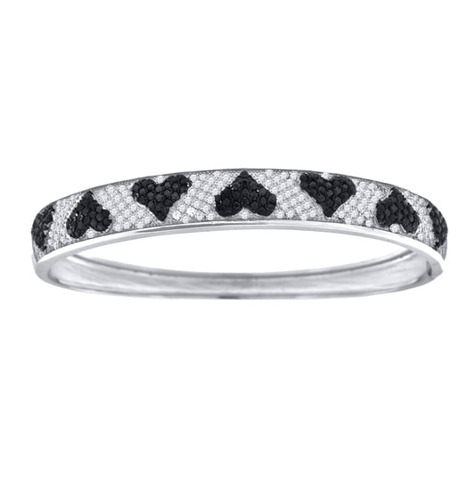 Sterling Silver Womens Black & White Micropave Cubic Zirconia Fashion Heart Bangle