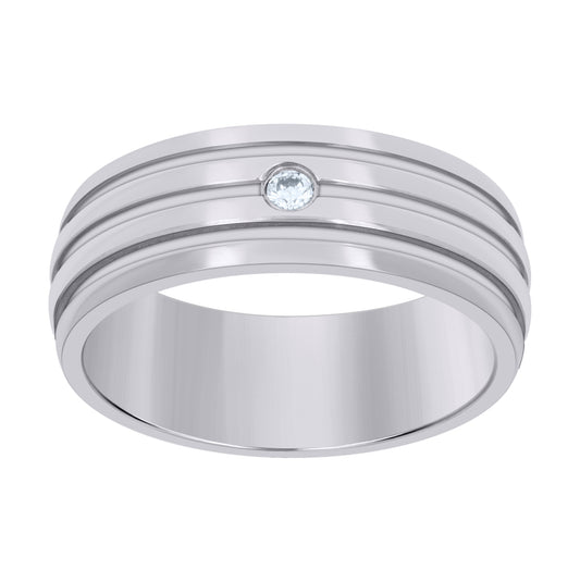 Stainless Steel Mens Cubic Zirconia Triple Grooved Polished Comfort-Fit Fashion Bridal Anniversary Wedding Engagement Band Ring