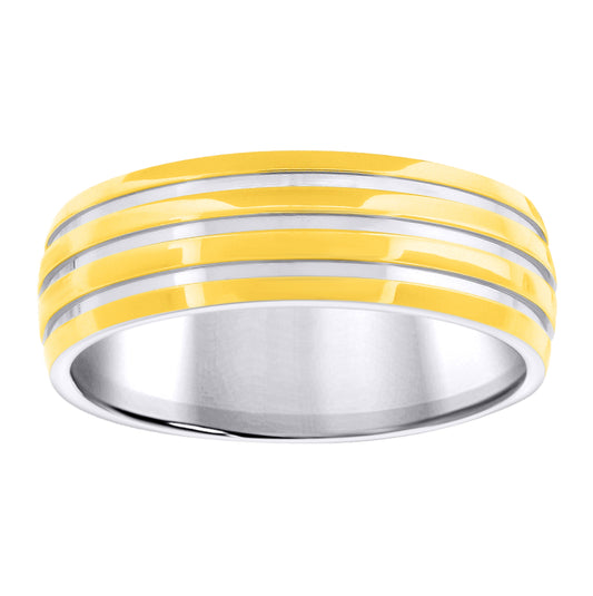 Stainless Steel Mens Two-Tone Triple Grooved Polished Sizes 7 - 14 Comfort-Fit Fashion Bridal Anniversary Wedding Engagement Band Ring