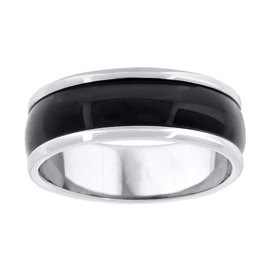 Stainless Steel Mens Two-Tone Center Black Polished Round Edges Comfort-Fit Fashion Bridal Anniversary Wedding Engagement Band Ring