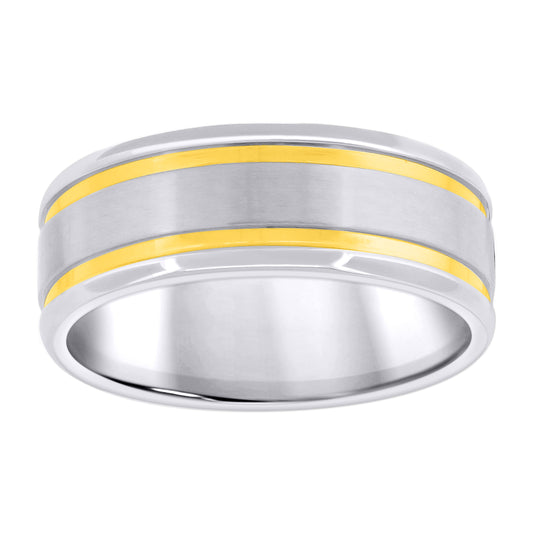 Stainless Steel Men's Two-Tone Double Grooved Center Brushed Comfort-Fit Fashion Bridal Anniversary Wedding Engagement Band Ring