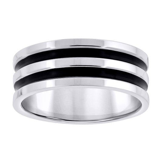 Stainless Steel Mens Two-Tone Black Enamel Double Grooved Sizes 7 - 14 Comfort-Fit Fashion Bridal Anniversary Wedding Engagement Band Ring