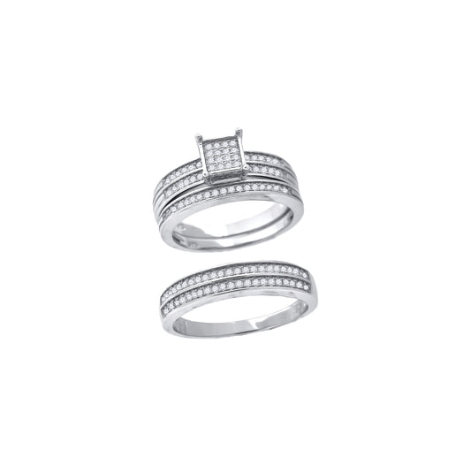 Sterling Silver Cubic-Zirconia Square Head Trio Bridal Anniversary Wedding Engagement Band Ring Set