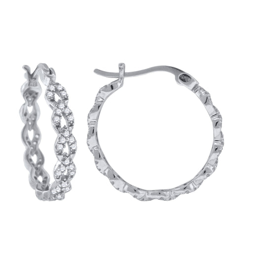 Sterling Silver Womens Cubic Zirconia Leaf Motif Huggie Hoop Earrings