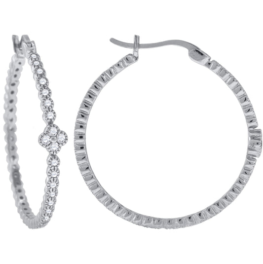 Sterling Silver Womens Cubic Zirconia Flower Center Single Row Huggie Hoop Earrings