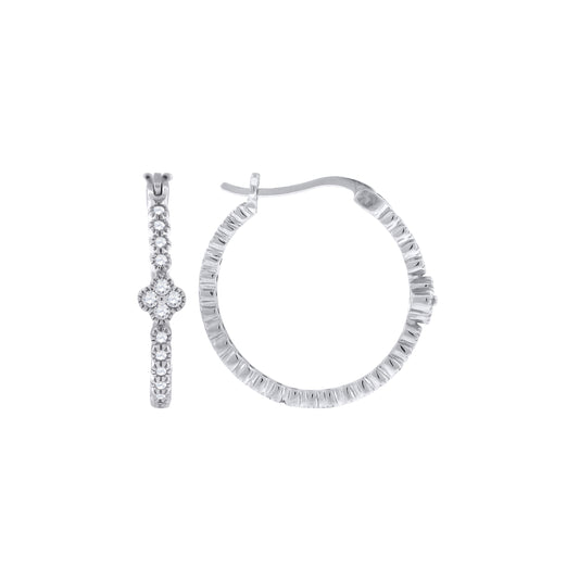Sterling Silver Womens Cubic Zirconia Flower Center Single Row Huggie Hoop Earrings