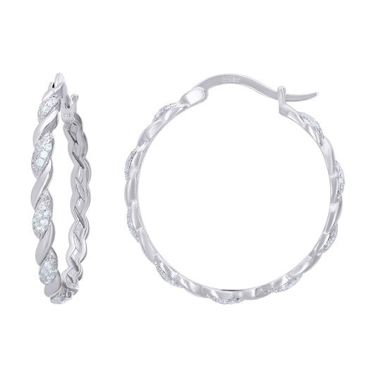 Sterling Silver Womens Cubic Zirconia Twisted Huggie Hoop Earrings