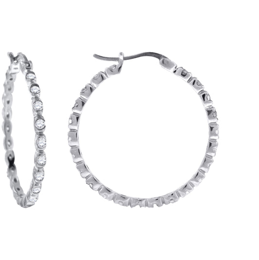 Sterling Silver Womens Cubic Zirconia Single Row Migraine Huggie Hoop Earrings