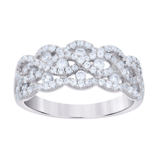 Sterling Silver Womens Cubic-Zirconia Crossover Fashion Bridal Anniversary Wedding Engagement Band Ring