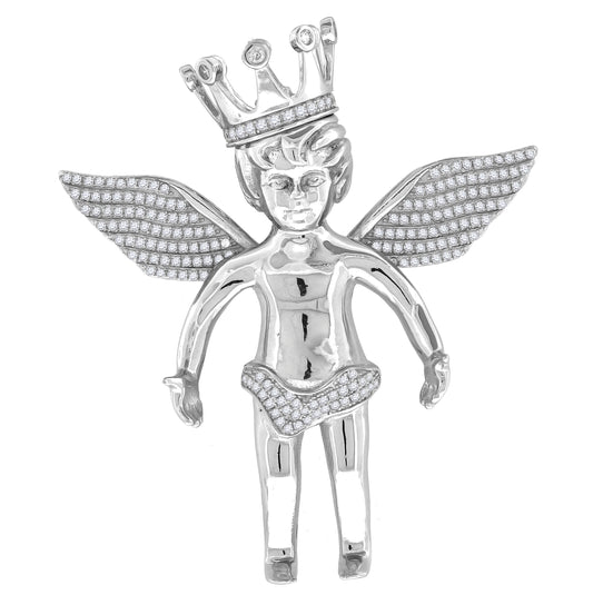 Sterling Silver Mens Cubic Zirconia Religious Angel Crown Charm Pendant