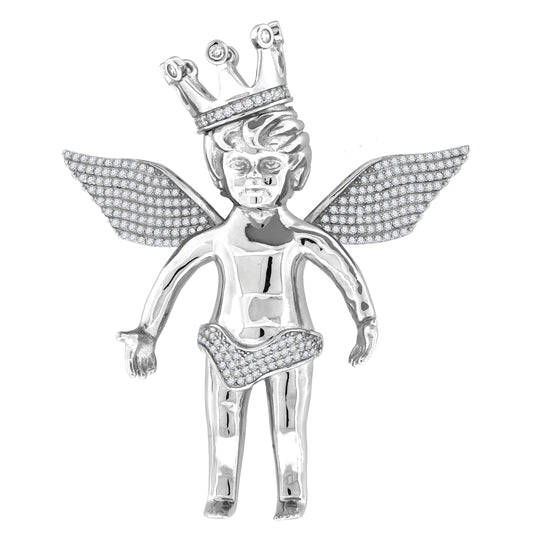 Sterling Silver Mens Cubic Zirconia Religious Angel Crown Charm Pendant