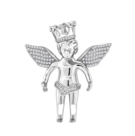 Sterling Silver Mens Cubic Zirconia Religious Angel Crown Charm Pendant