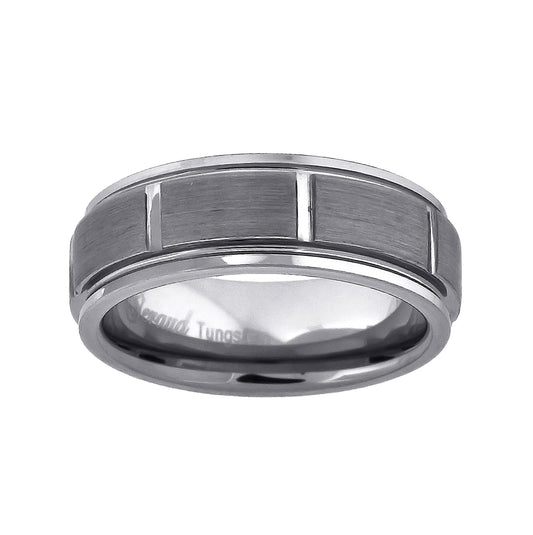 Tungsten Brushed Center Grooves Mens Step Edges Comfort-fit 8mm Size-7-13.5 Bridal Anniversary Engagement Wedding Band