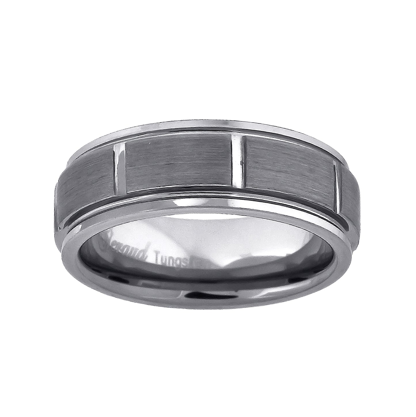 Tungsten Brushed Center Grooves Mens Step Edges Comfort-fit 8mm Size-7-13.5 Bridal Anniversary Engagement Wedding Band