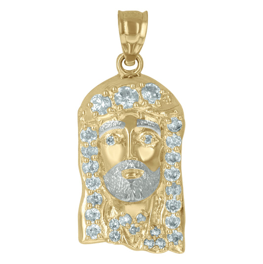 10K Two-Tone Gold Mens Cubic Zirconia Jesus Religious Charm Pendant