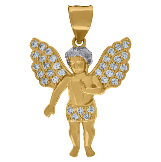 10K Two-Tone Gold Mens Cubic Zirconia Angel Religious Charm Pendant