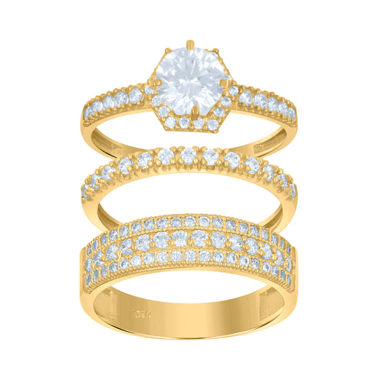 10K Two-Tone Gold Womens Round Cubic Zirconia Halo Trio Ring Set