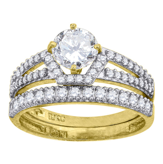 10K Two-Tone Gold Womens Round Cubic Zirconia Halo Bridal Ring Set