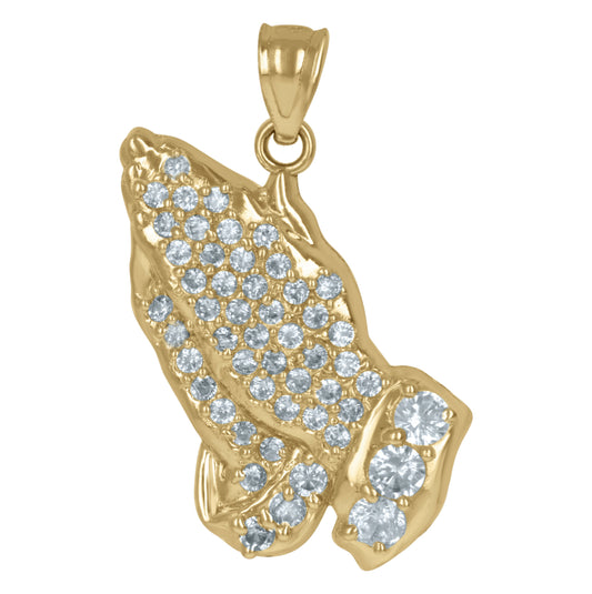 10K Yellow Gold Mens Cubic Zirconia Praying Hands Religious Charm Pendant