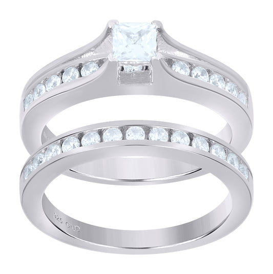 Sterling Silver Womens Cubic Zirconia Square Bridal Anniversary Engagement Wedding Ring Set Ring