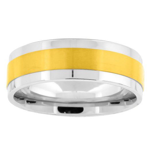 Stainless Steel Mens Two-Tone Center Brushed Sizes 7 - 14 Comfort-Fit Fashion Bridal Anniversary Wedding Engagement Band Ring