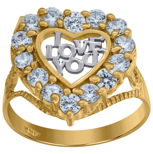 10K Gold Womens Two-Tone Cubic-Zirconia I Love You Heart Band Ring