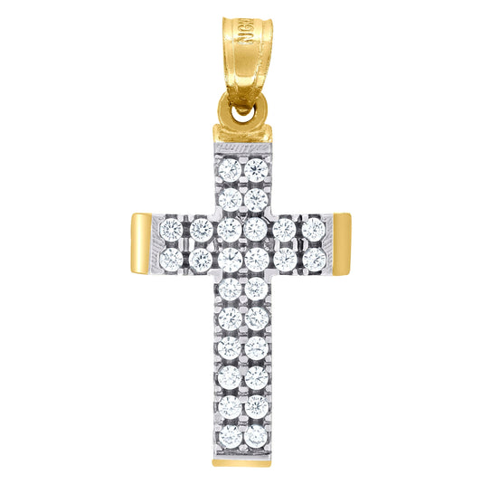 10K Two-Tone Gold Mens Women Cubic Zirconia Cubic-Zirconia Cross Religious Charm Pendant