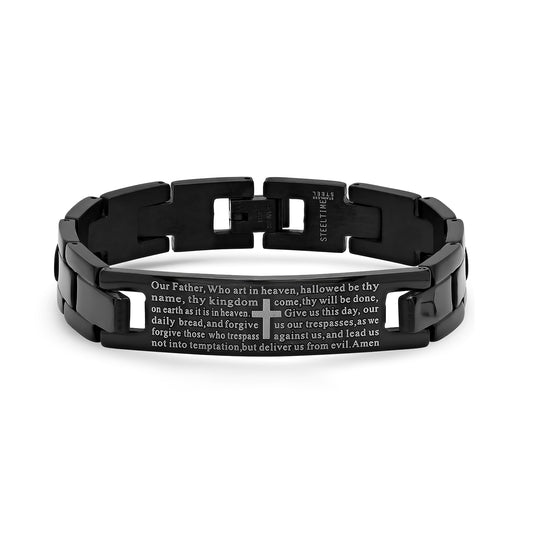 Stainless Steel Black-tone Mens Lords Prayer Religious Link Bracelet