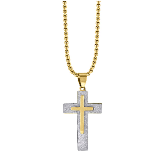 Stainless Steel Mens Cross Religious Charm Pendant With Rolo Chain