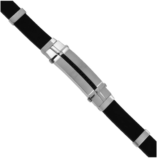 Stainless Steel Mens Black Leather Black Cubic-Zirconia Fashion Bracelet 