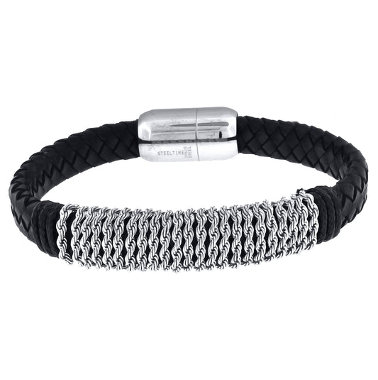 Stainless Steel Mens Black Leather With Magnetic Clasps Bracelet