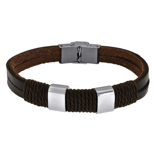 Stainless Steel Mens Brown Leather Fashion Bracelet