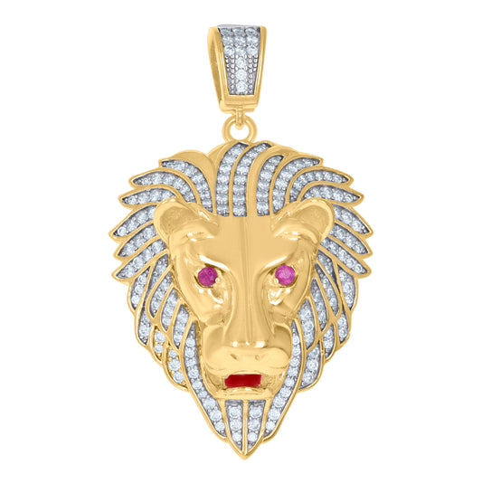 Sterling Silver Men Pink Cubic-Zirconia Zodiac Sign/Wildlife Animal Leo/Lion Charm Pendant