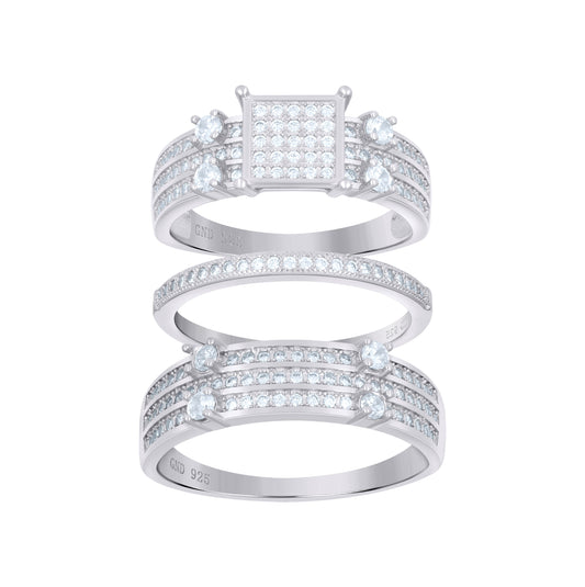 Sterling Silver Cubic-Zirconia Square Head Trio Bridal Anniversary Wedding Engagement Band Ring Set
