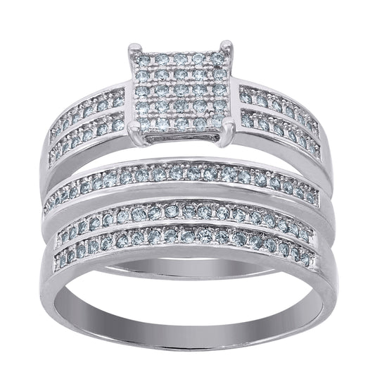 Sterling Silver Cubic-Zirconia Square Head Trio Bridal Anniversary Wedding Engagement Band Ring Set