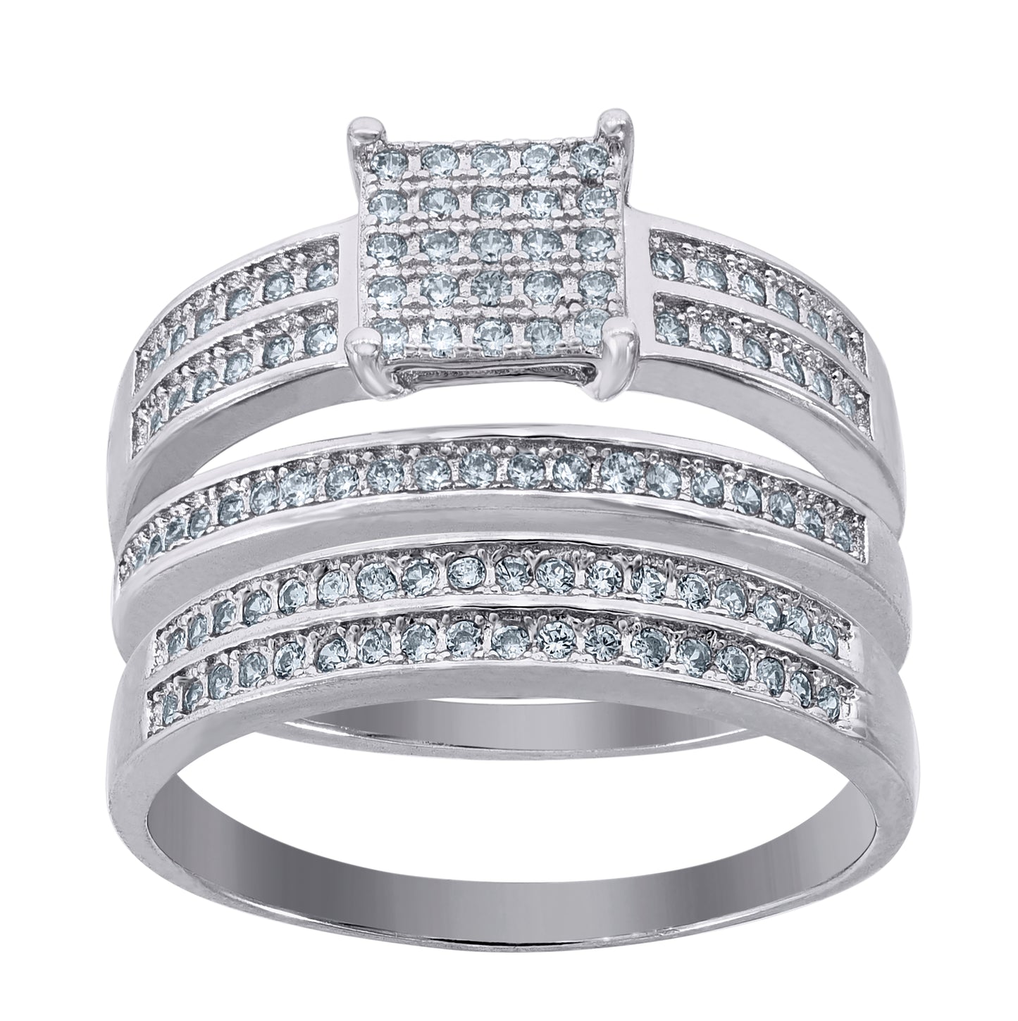 Sterling Silver Cubic-Zirconia Square Head Trio Bridal Anniversary Wedding Engagement Band Ring Set