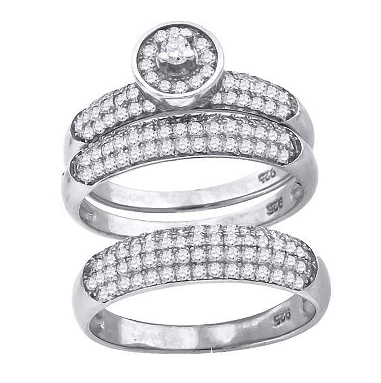 Sterling Silver Cubic-Zirconia Round Head Trio Bridal Anniversary Wedding Engagement Band Ring Set