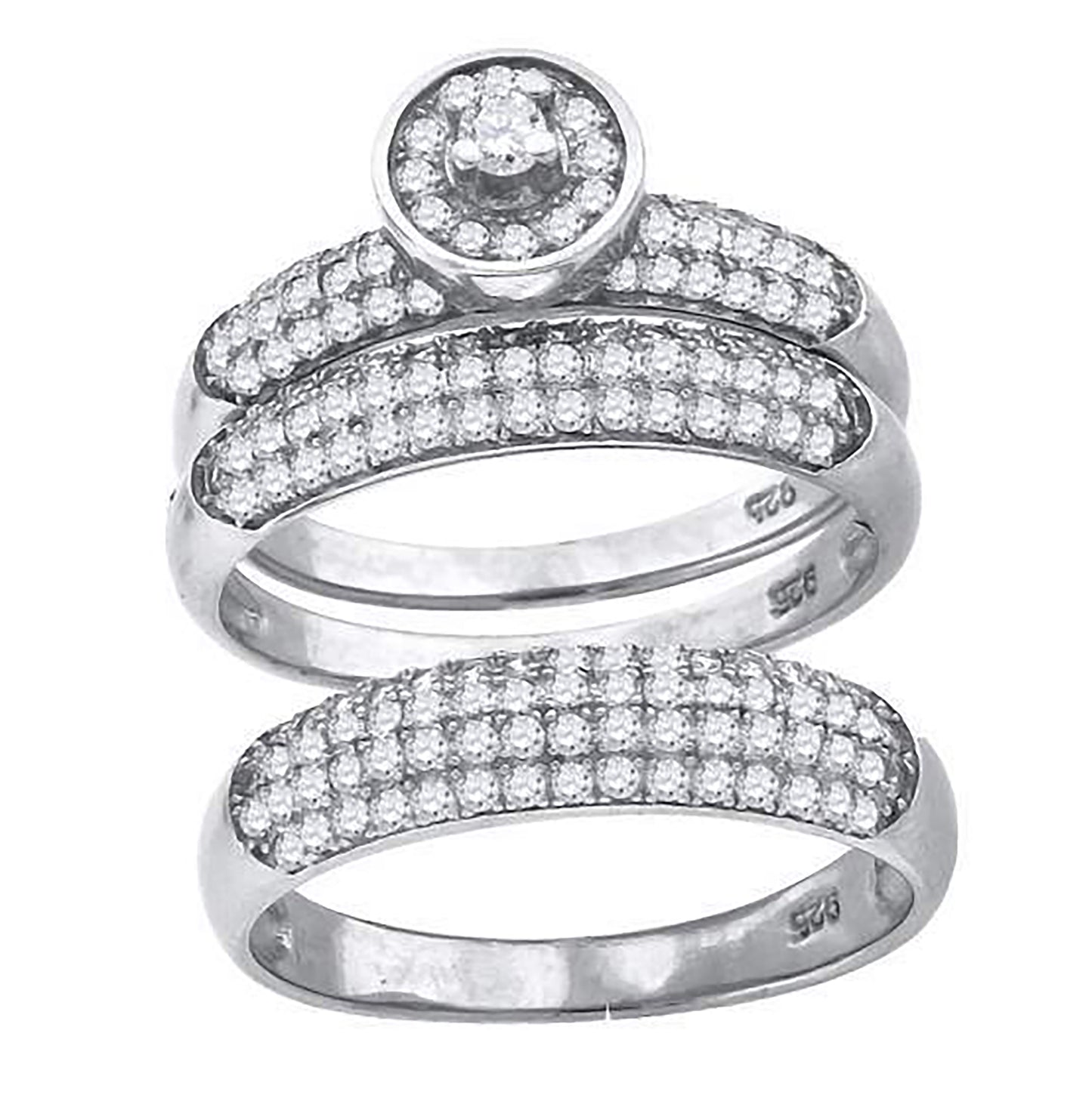 Sterling Silver Cubic-Zirconia Round Head Trio Bridal Anniversary Wedding Engagement Band Ring Set