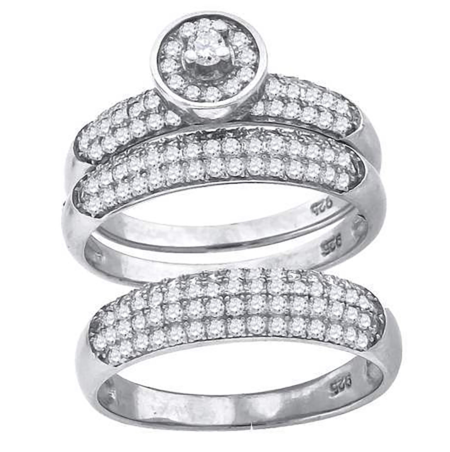 Sterling Silver Cubic-Zirconia Round Head Trio Bridal Anniversary Wedding Engagement Band Ring Set